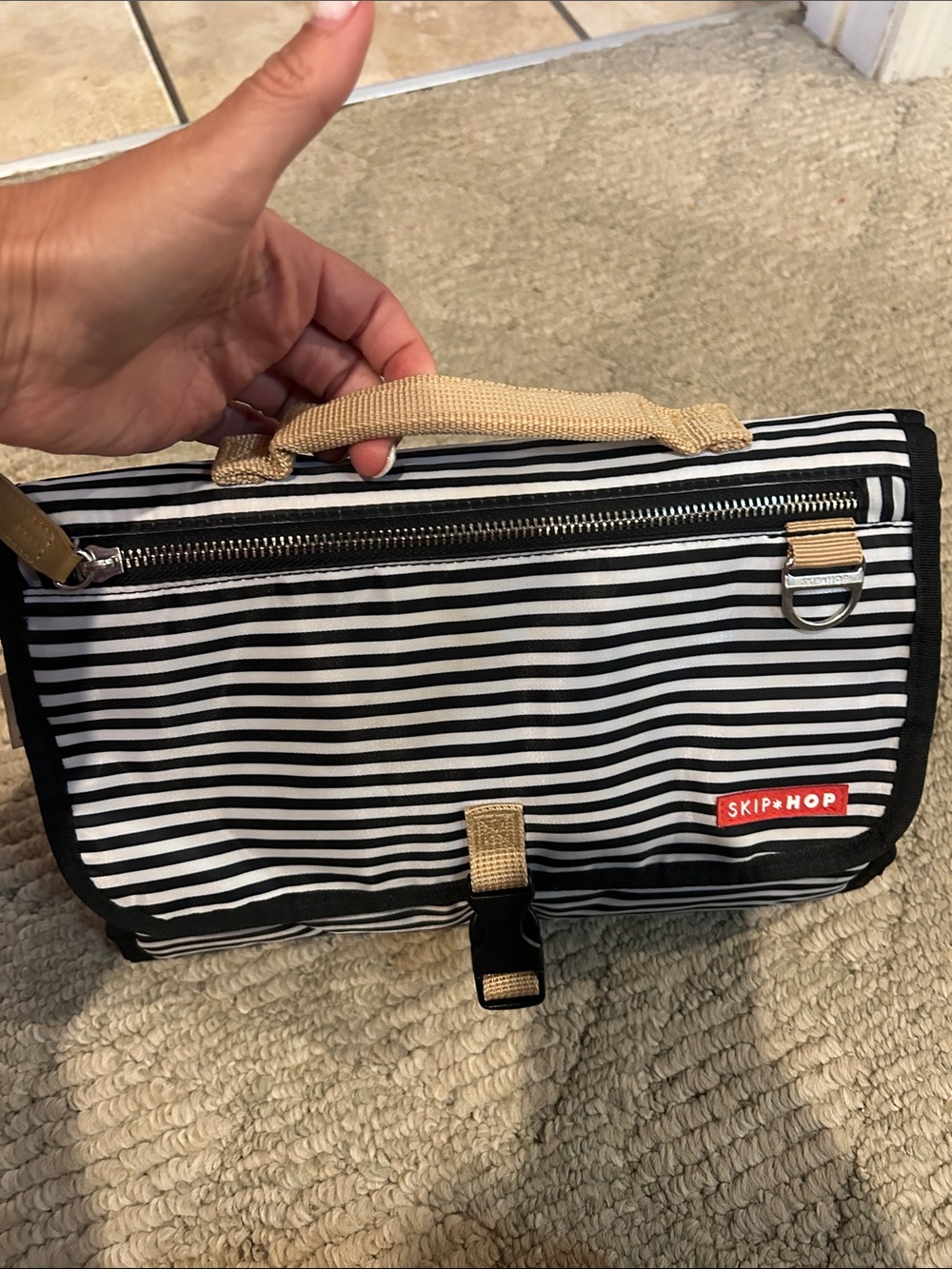 Skip Hop Black & White Striped Men's Toiletry Bag with Tan Accents - Picture 4 of 11